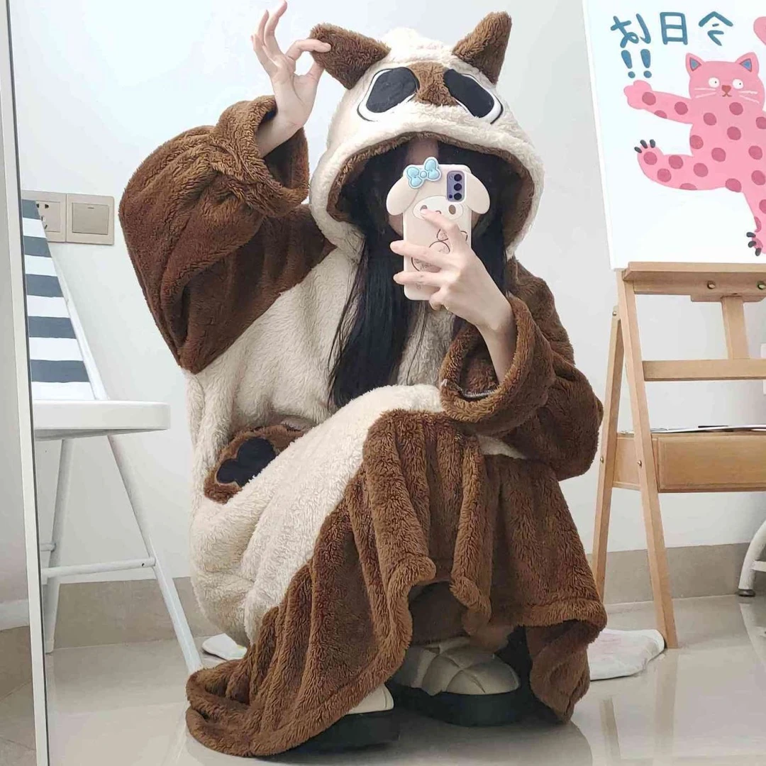 暹罗猫小豆泥睡衣女秋冬款珊瑚绒加绒加厚可爱卡通睡袍家居服套装