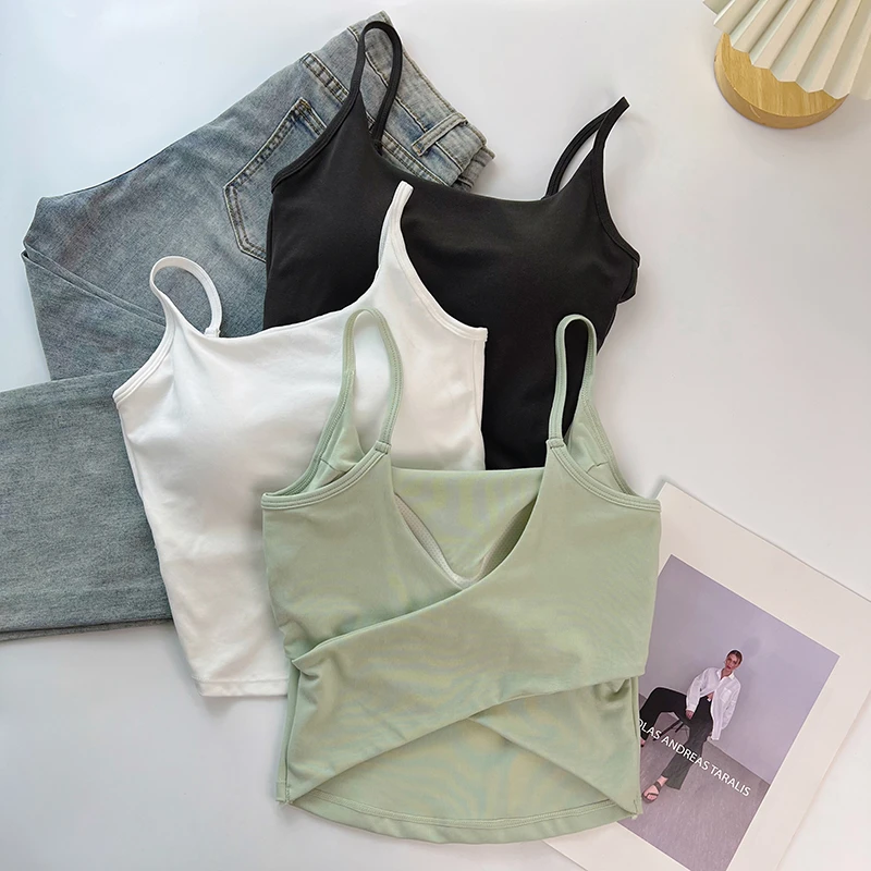 泰式多巴胺吊带小背心女夏季外穿带胸垫后背交叉露背内搭打底上衣