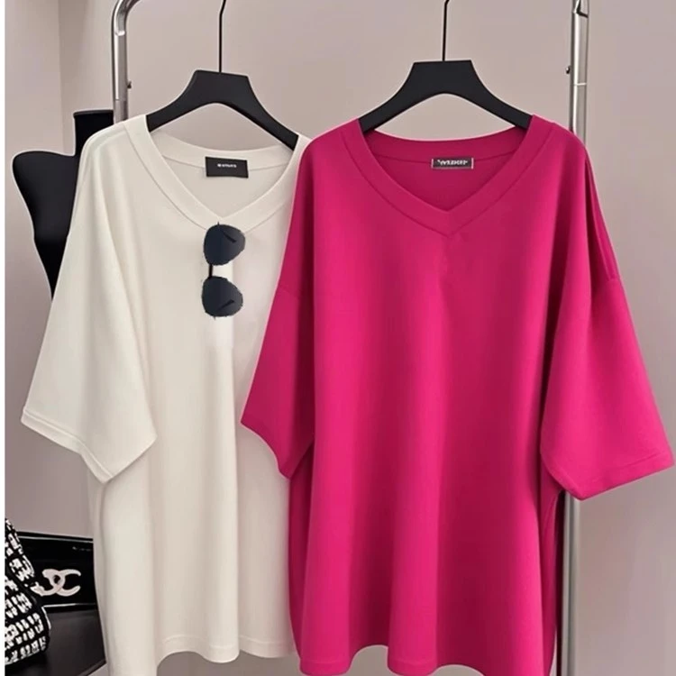 慵懒风短袖中长款T恤V领上衣宽松大码显瘦圆领时尚纯色设计感体恤