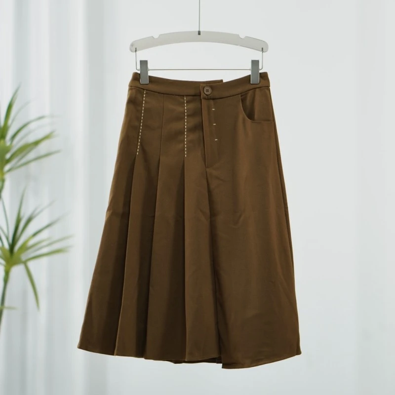 【诗M】O-417-1  女装秋款撞色线拼褶长半裙咖啡色2513150