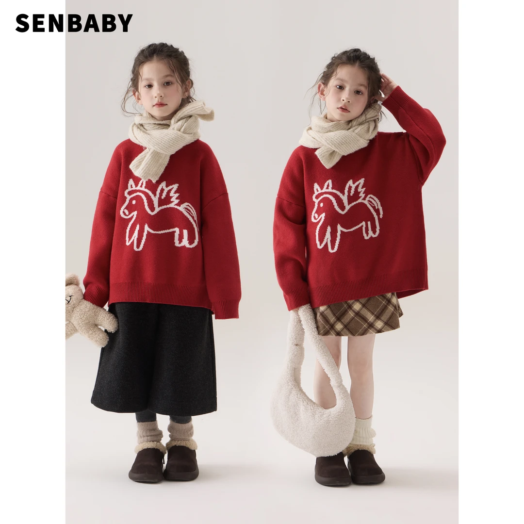 【马上发财】senbaby童装套头针织衫新年马年红色提花毛衣
