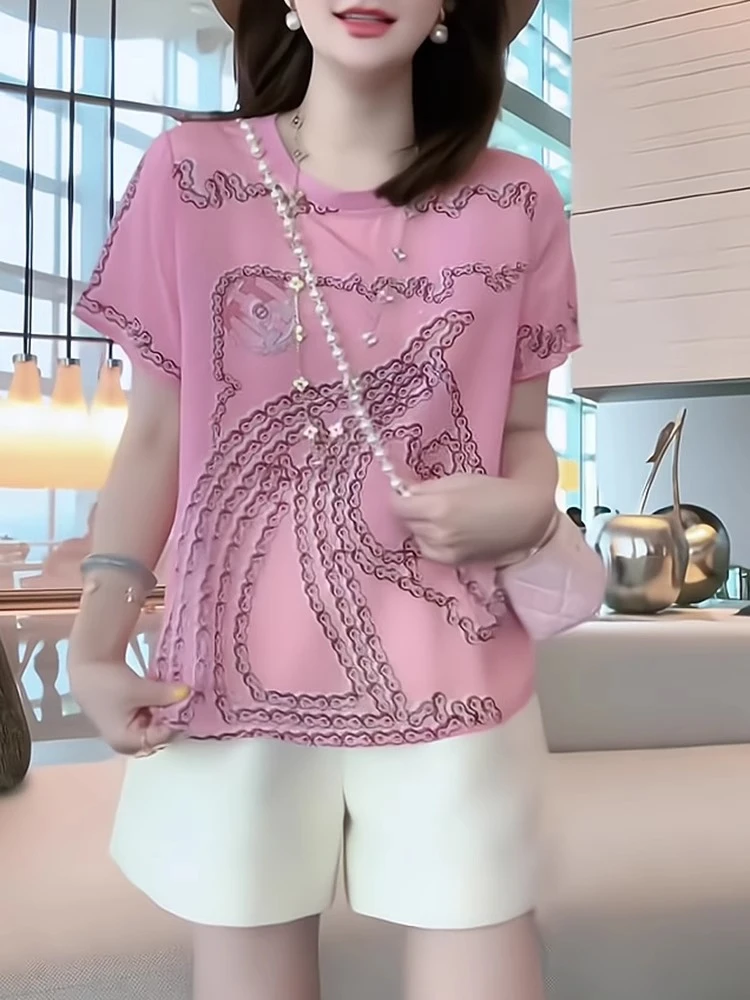 2025夏季新款时尚粉色T恤女花纹设计感小众轻薄短袖洋气宽松上衣