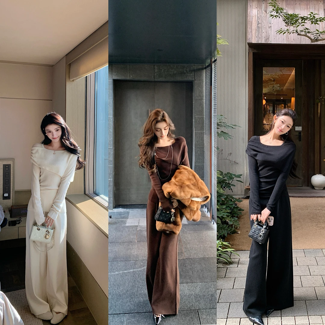 "纯欲系羊毛套装"高品60支精纺羊毛显瘦设计感褶皱袖针织套装！