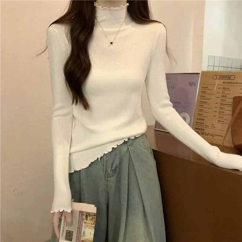 3199 木耳边毛衣女士秋冬新款设计感小众半高领内搭打底针织衫