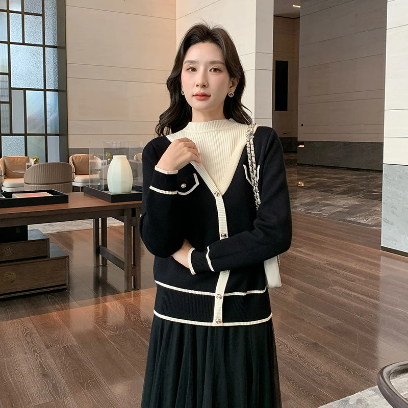 奢姿大码女装2024冬季减龄假两件针织衫胖妹妹时尚简约半高领上衣