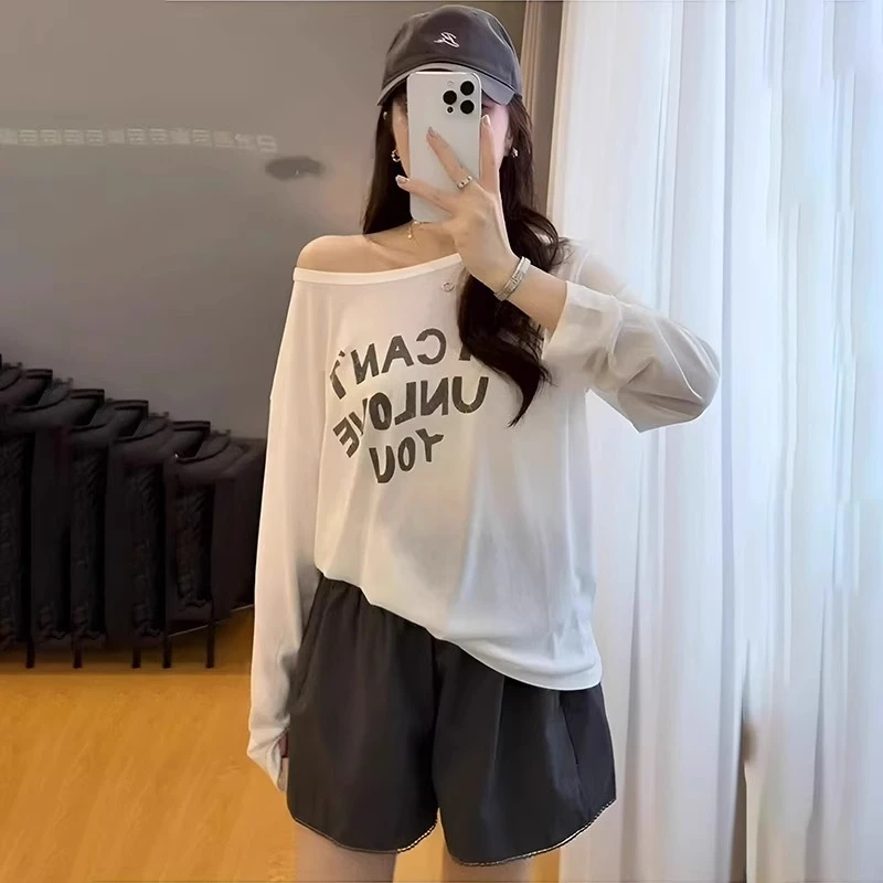 芊芊芙纯欲风性感白色斜肩长袖t恤女夏季新款宽松冰丝防晒罩衫薄