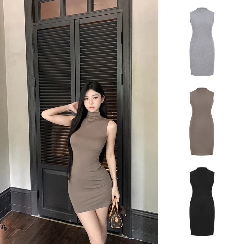 Moses Queen/魔西女王法式半高领无袖背心连衣裙女夏修身气质短裙