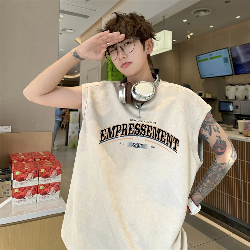 夏季水洗马甲印花春季薄款个性宽松学生青少年背心透气美式运动