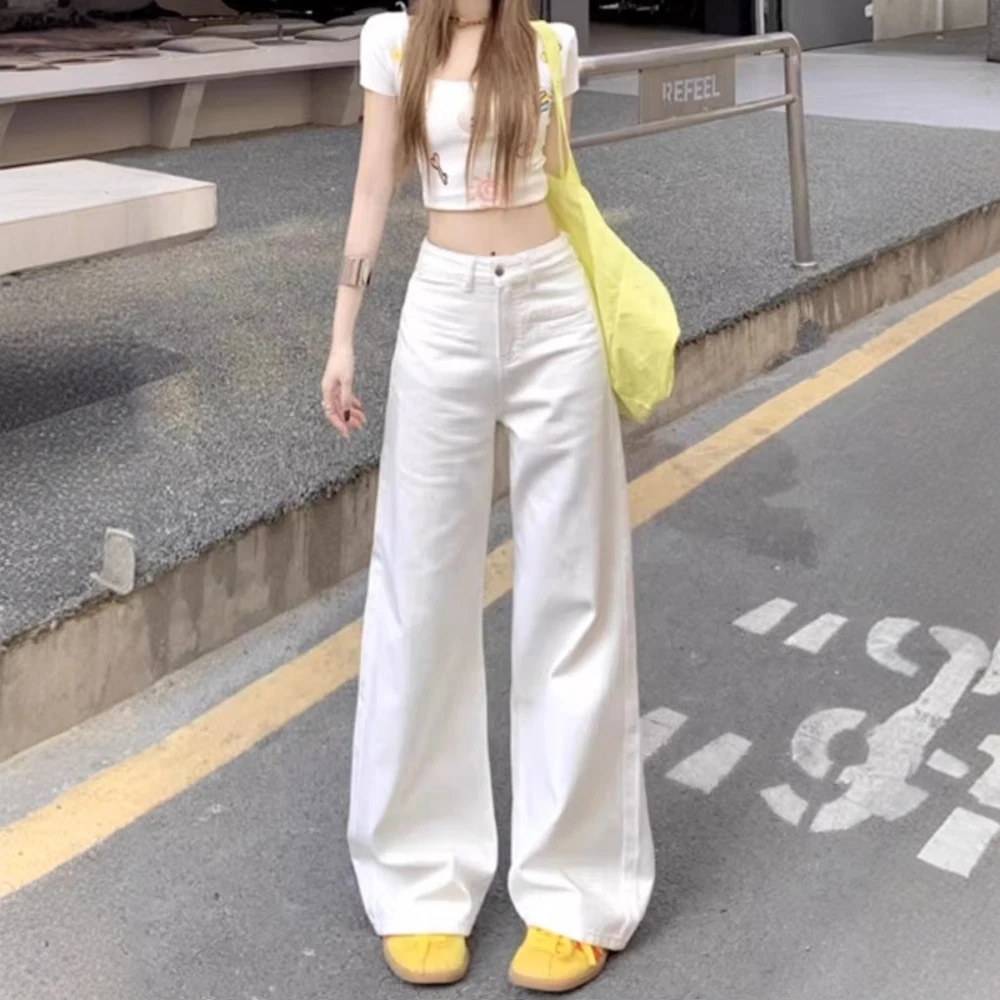 韩版白色阔腿牛仔裤女夏季新款梨形身材高腰宽松显瘦直筒拖地裤子