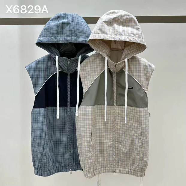 x6829A格纹连帽马甲he