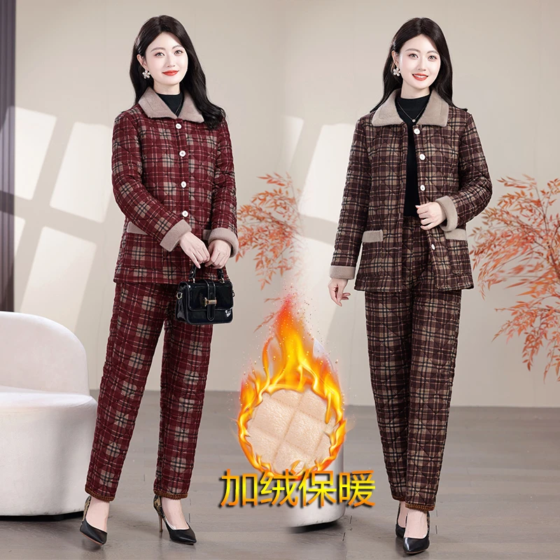 格子圆领常规款时尚风加厚中老年女装冬装保暖中老年棉服加绒睡衣