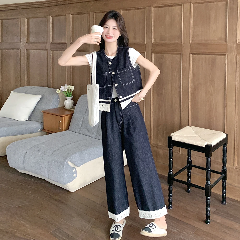 蕾丝花边牛仔马甲阔腿裤子套装女款2025新款夏季穿搭一整套高级感