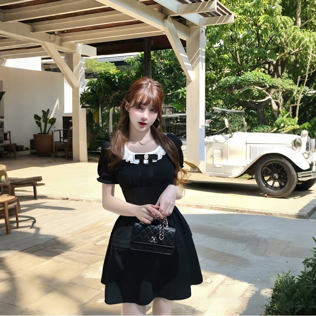 A【有内衬】干金感小黑裙2025夏蝴蝶结泡泡袖连衣裙小个子短裙D1327