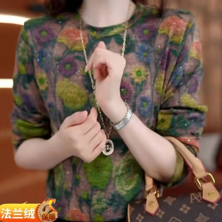 爆款绒面保暖打底衫2025秋冬印花长袖T恤女上衣小衫