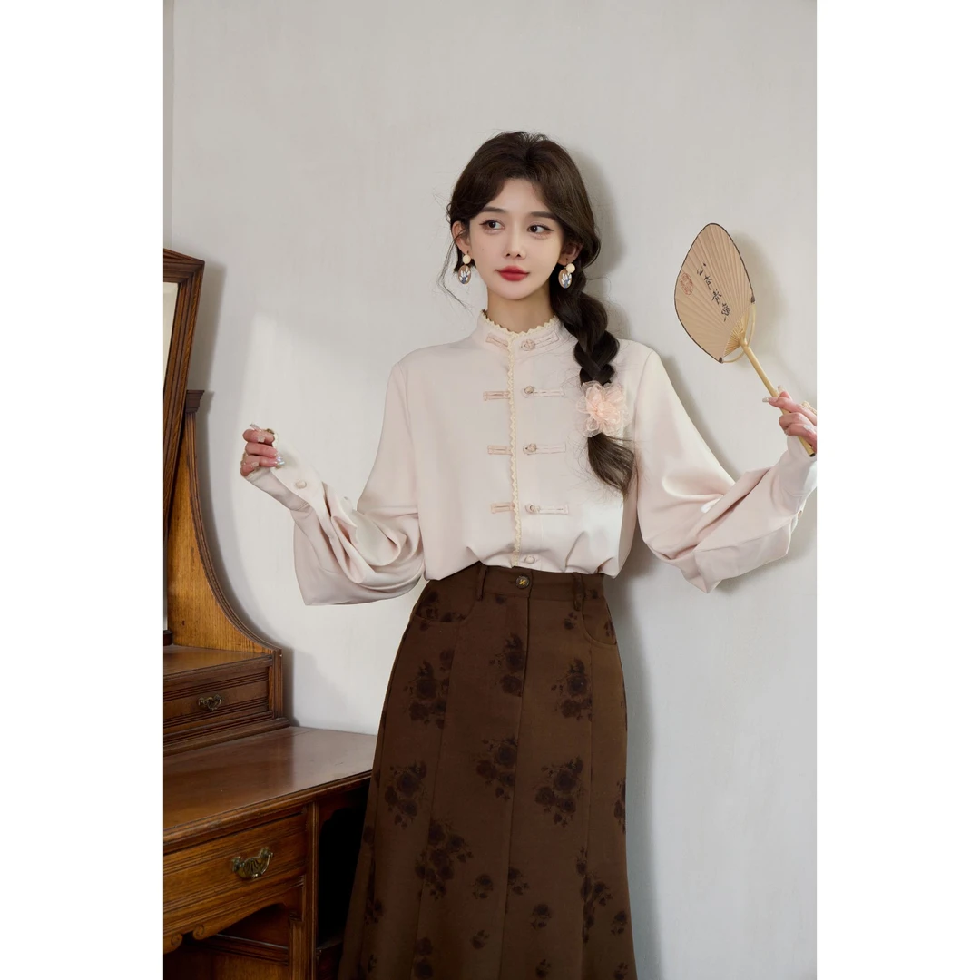 余紫绮【肉桂】春季新款长袖衬衫女百搭上衣ZW2023226