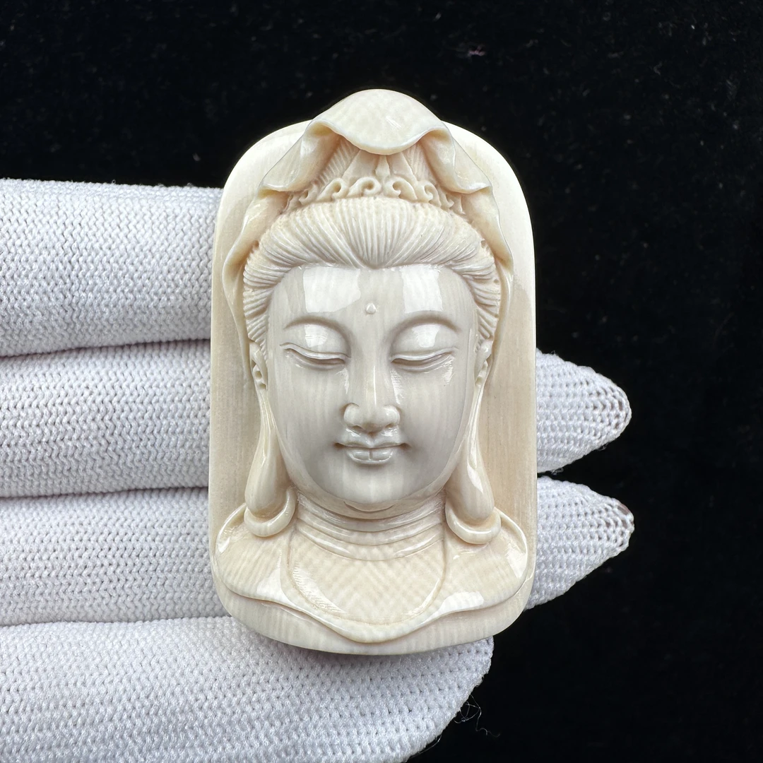 H1013天然猛犸牙 观音佛头雕刻件33x52x18mm30.1克支持鉴定 假一