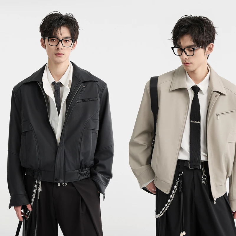 [垫肩高级设计感]BJZE春季新品翻领夹克韩版短款皮衣外套E511119