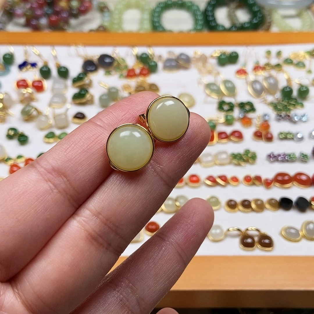 和田玉耳饰银S925镶嵌