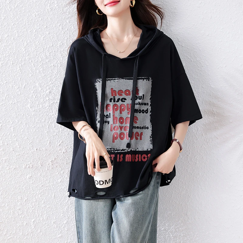 2025夏季新款休闲简约连帽破洞短袖恤女大码宽松显瘦百搭减龄上衣