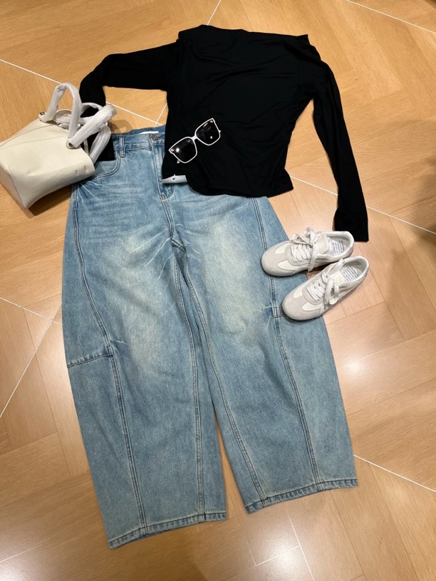 高腰显瘦弯刀牛仔裤复古水洗阔腿裤休闲茧型裤春季女装25106