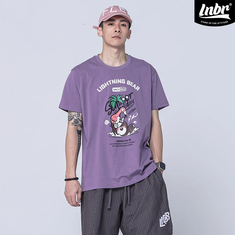 LNBR潮牌夏新品紫色火烈鸟小熊印花短袖T恤宽松休闲半袖加大码