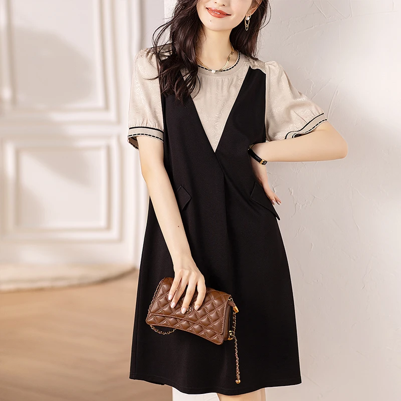 2300 拼接假两件连衣裙女夏2025新款气质显瘦a字裙子