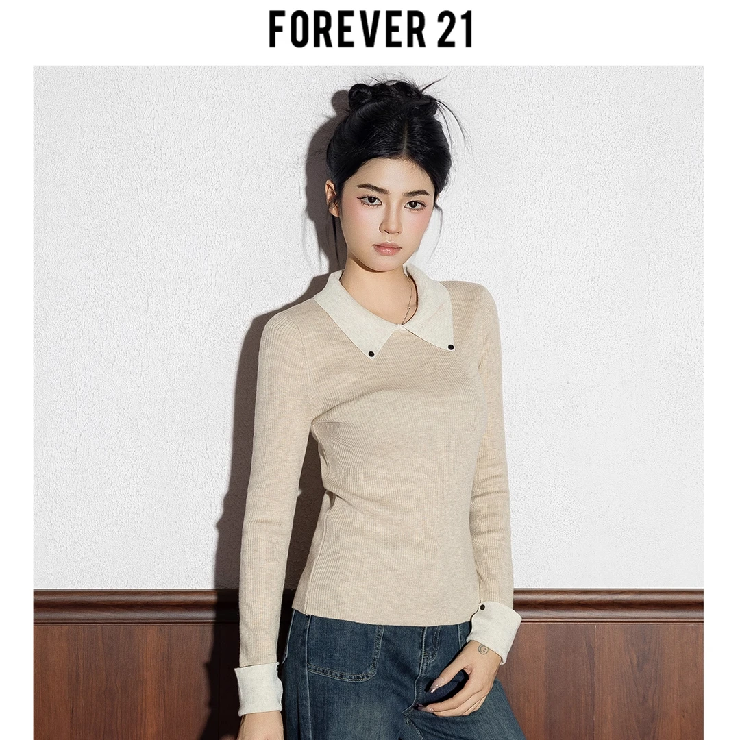 Forever 21翻领假两件针织衫女内搭早秋新款2025修身显瘦上衣长袖