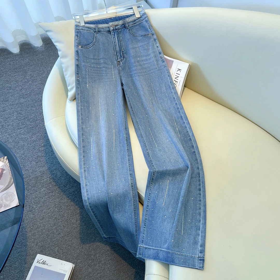 拉夏贝尔时尚气质阔腿牛仔裤女2025春秋季新款百搭显瘦垂感直筒裤