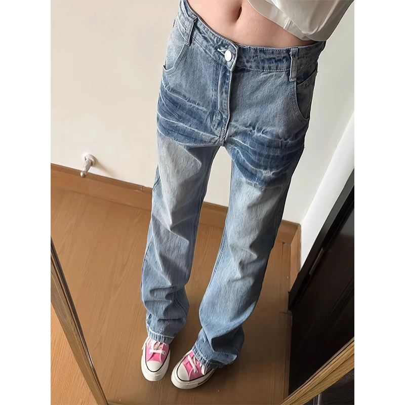 水洗蓝闪电纹牛仔裤男女款修身直筒裤子美式复古显腿长微喇弯刀裤