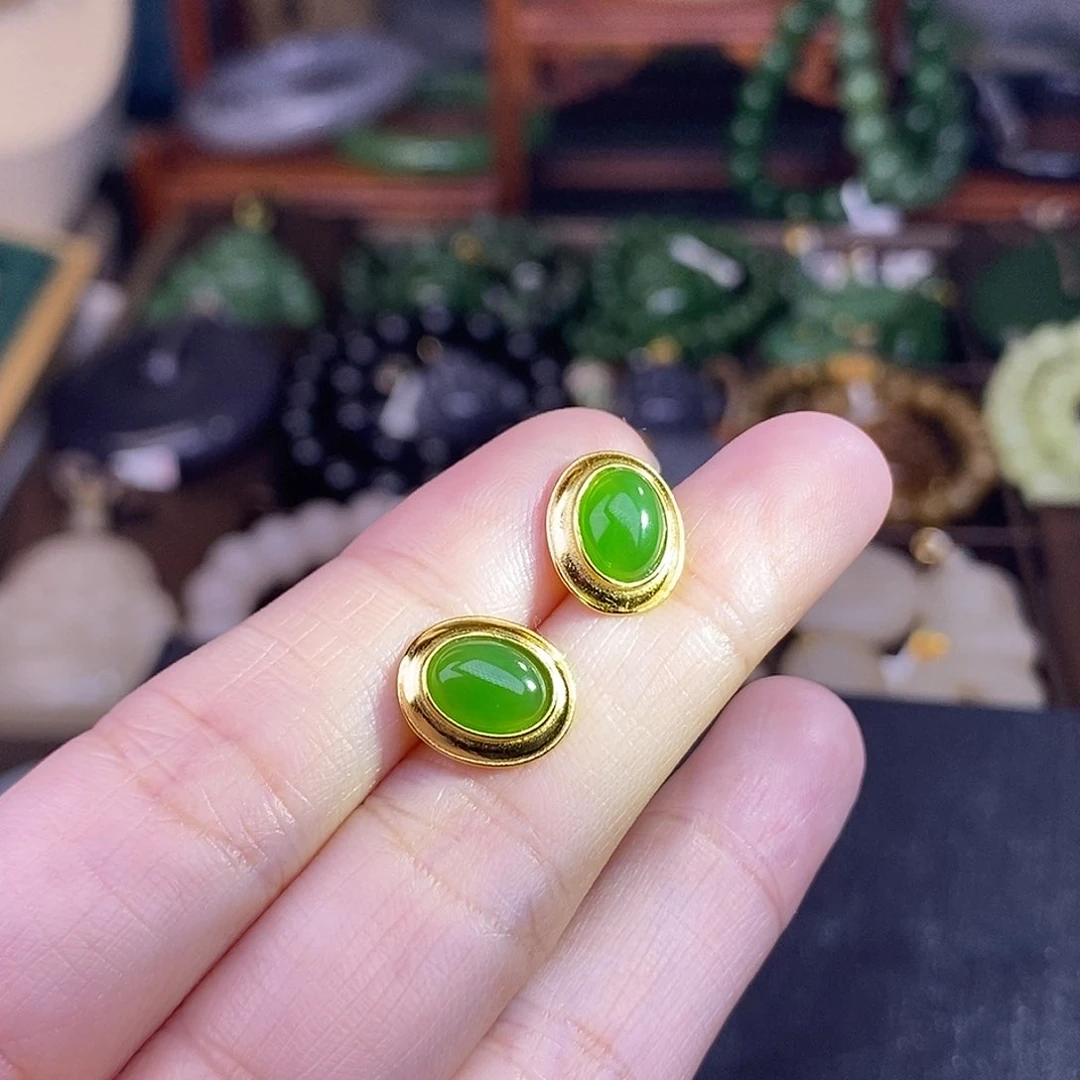 和田玉925.银碧玉耳钉未镶嵌