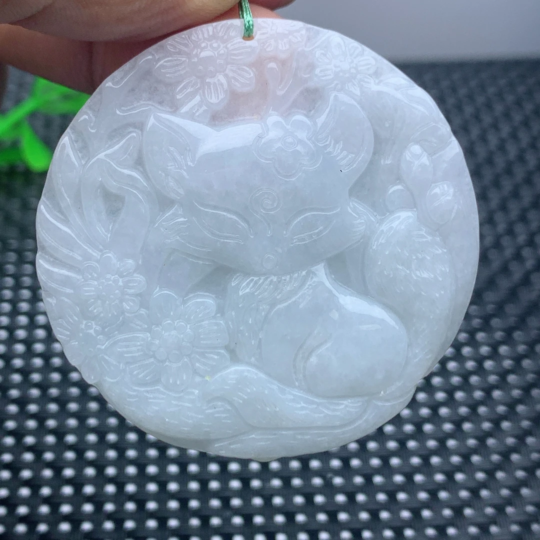 缅甸天然A货翡翠玉佩花开富贵白色九尾狐狸挂坠仿古吊坠精雕女士