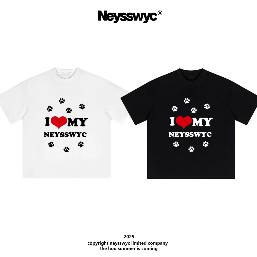 NEYSSWYC 小狗爪爪~黑白短袖休闲宽松卡通圆领T恤趣味情侣夏印花