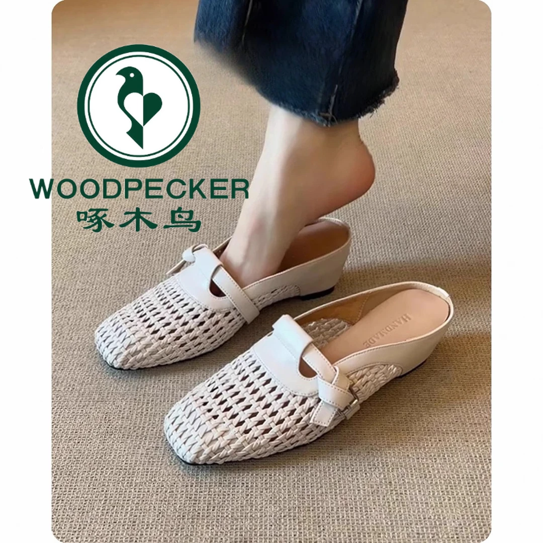 啄木鸟包头半拖鞋女夏外穿内增高勃肯洞洞鞋一脚蹬编织透气凉单鞋