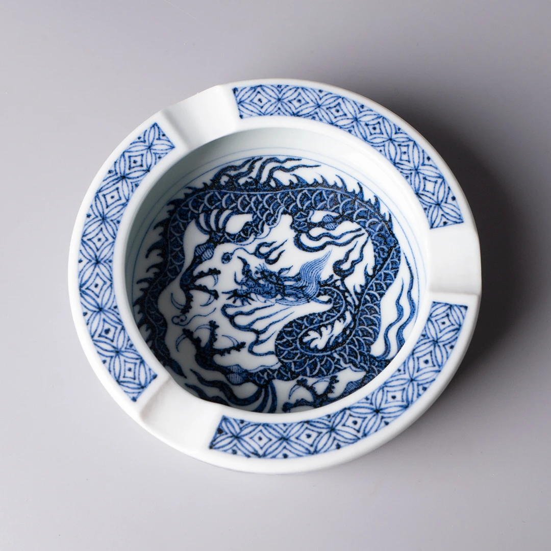 景德镇周沛文溪兰仰元手绘仿元青花云龙纹雪茄缸手工茶台烟灰缸