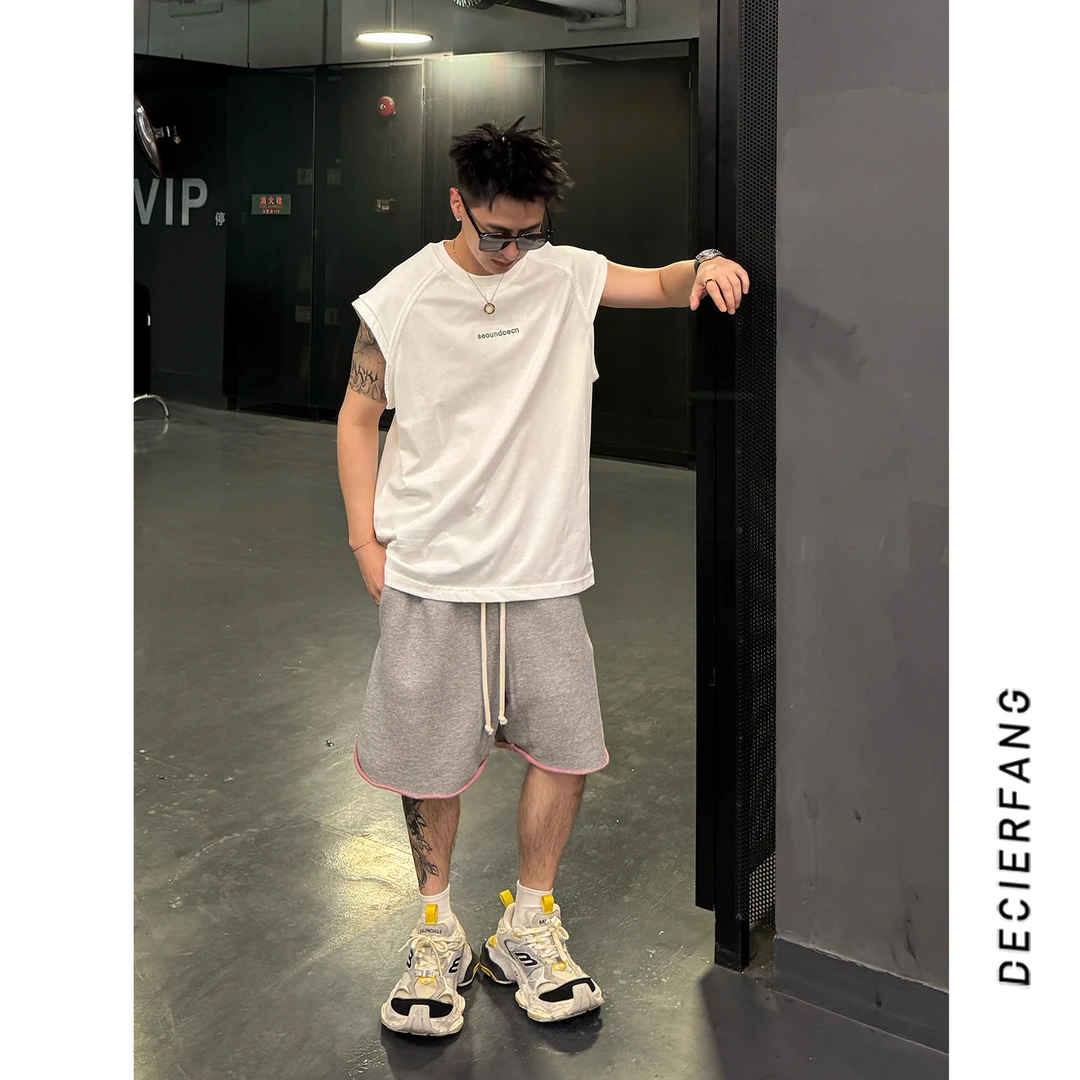 新式层次感解构设计重磅纯棉背心男士夏季宽松无袖T恤坎肩马甲