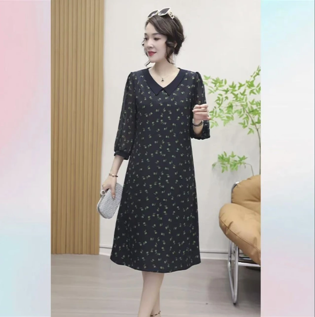 （苏依阁）YL新款娃娃领绿色小玫瑰~七分袖气质时尚洋气长袖裙子