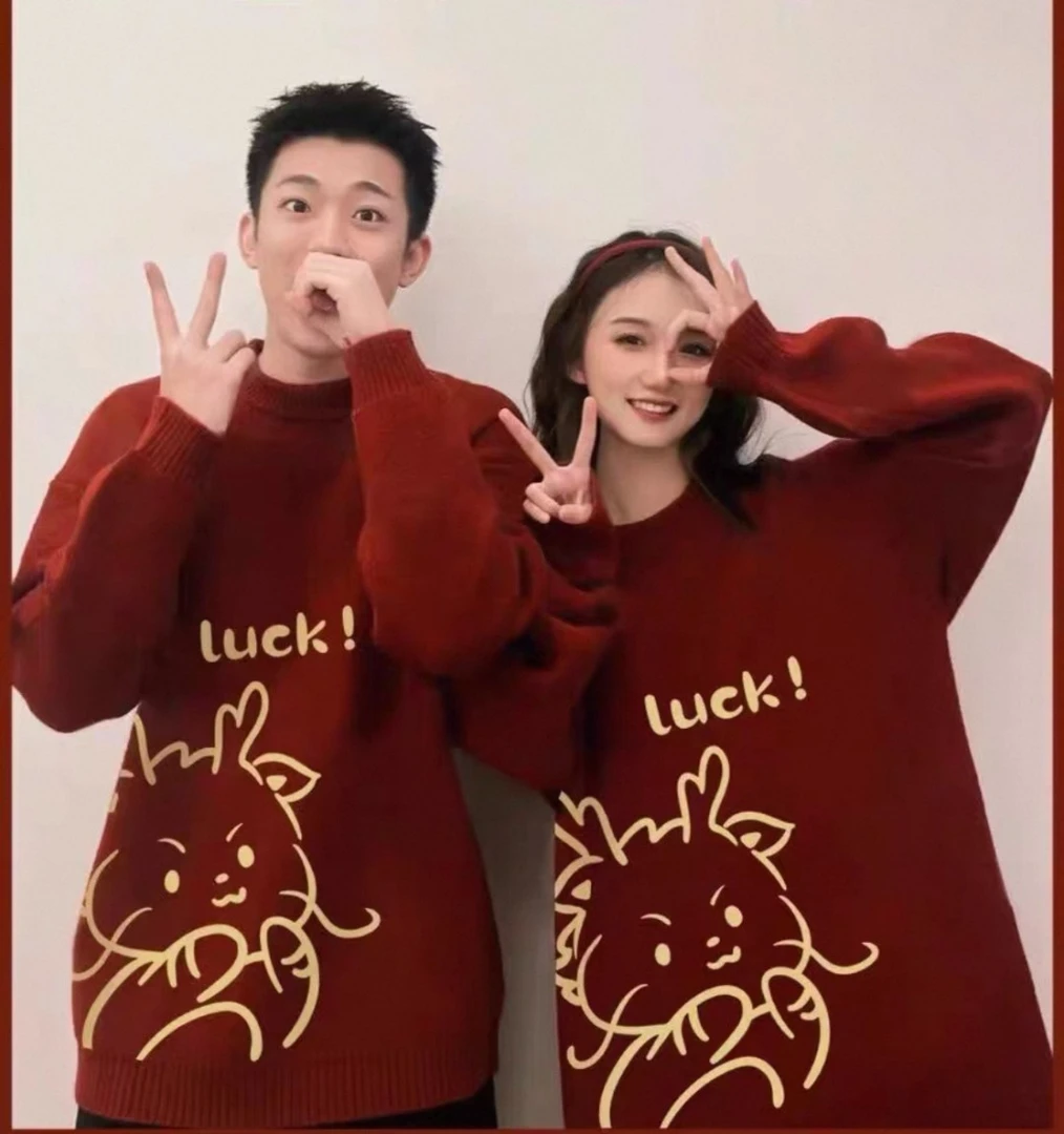 461加绒长袖上衣秋冬季新款针织衫红色宽松毛衣卫衣