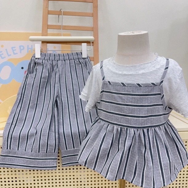 【XTL】2025新夏韩系高级灰条纹直筒裤三件套85513