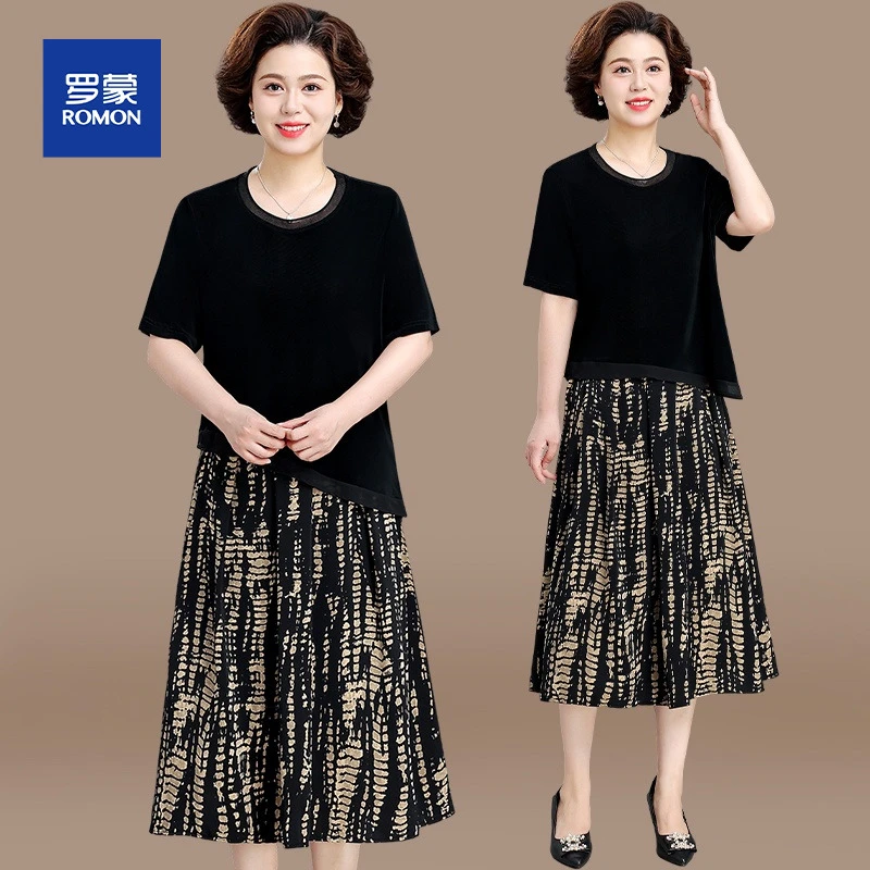 妈妈连衣裙端庄大气夏装套装中老年夏季短袖雪纺小衫上衣两件套女