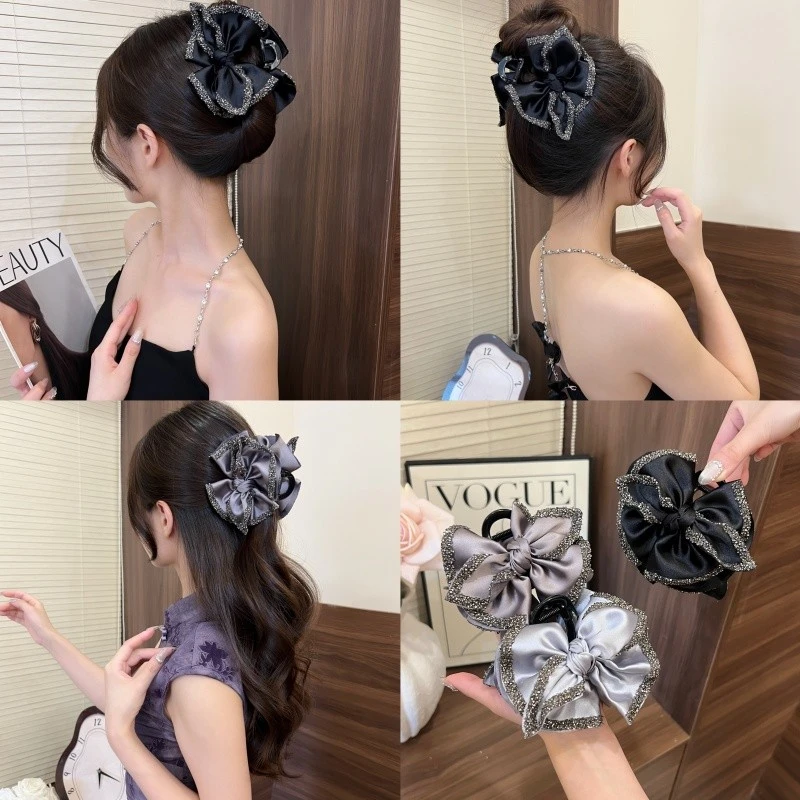 高级感甜美缎面蝴蝶结发夹后脑勺鲨鱼夹时尚百搭发卡半扎发