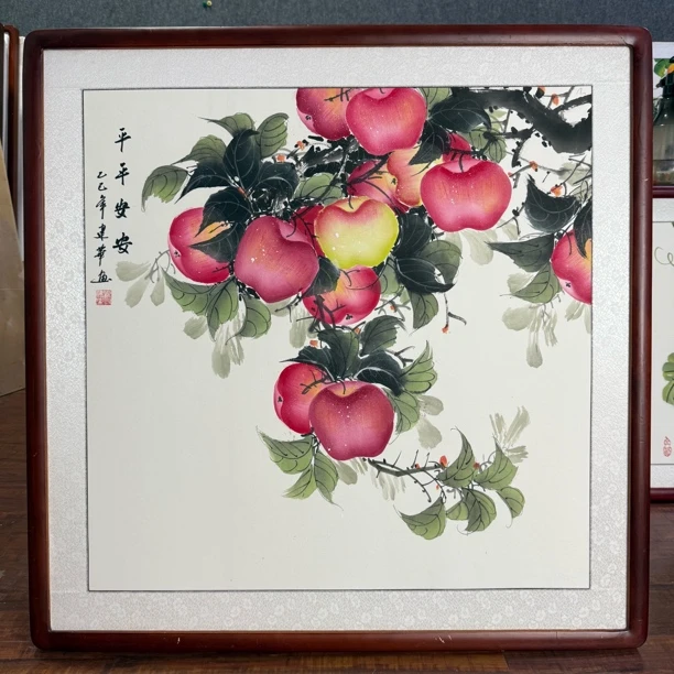 【手绘国画】带框［83*83厘米］苹果画平安果斗方餐厅挂画玄关中国画
