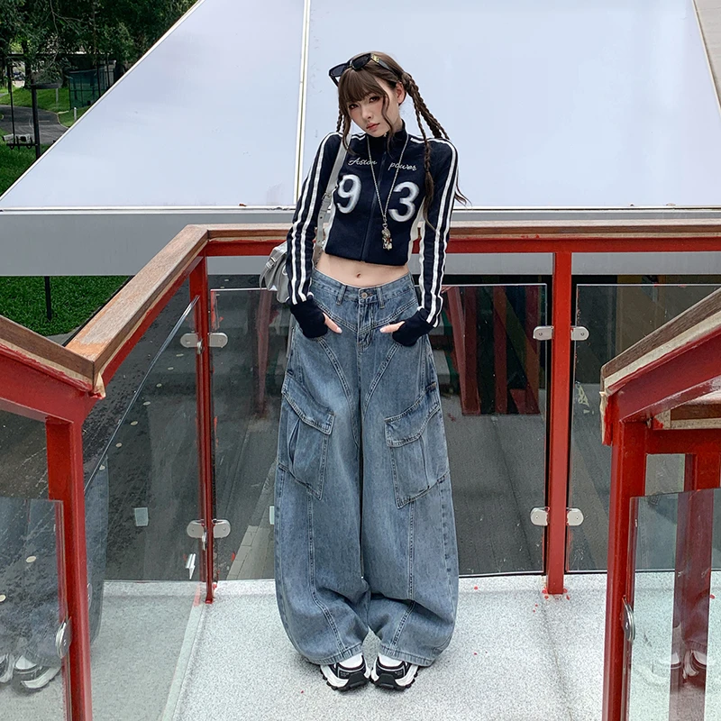 美式复古工装高腰拼接多口袋宽松直筒阔腿牛仔裤女丨长裤+加长