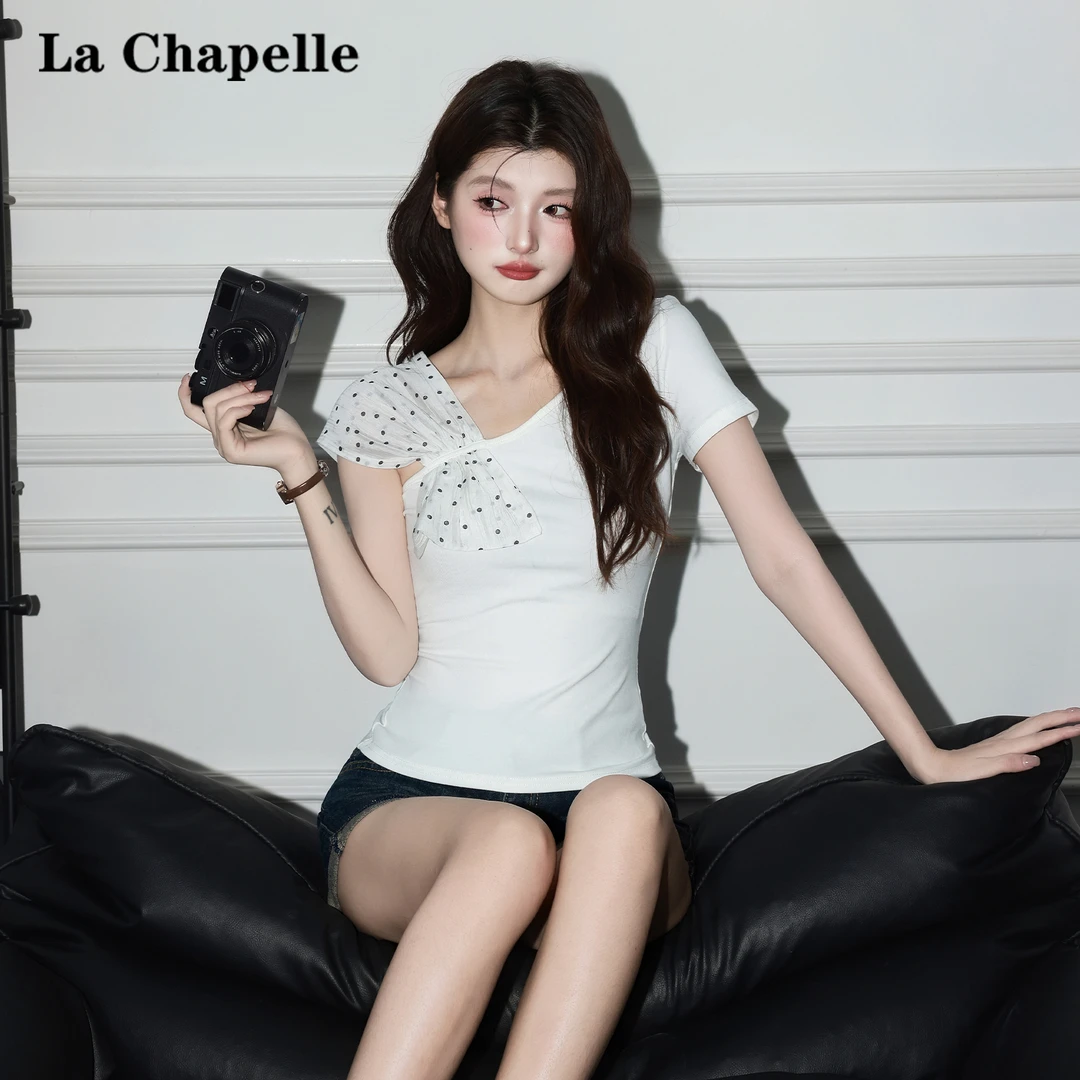 拉夏贝尔韩式波点斜肩短袖T恤女2025夏季蝴蝶结设计显瘦修身上衣