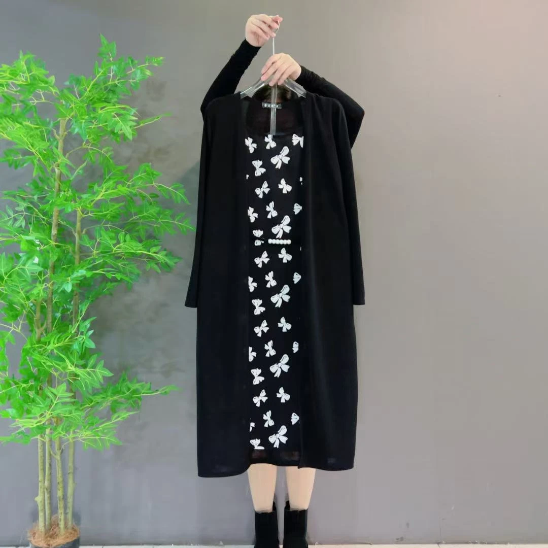 2060春季爆款时尚洋气优雅气质显瘦拼接假两件连衣裙