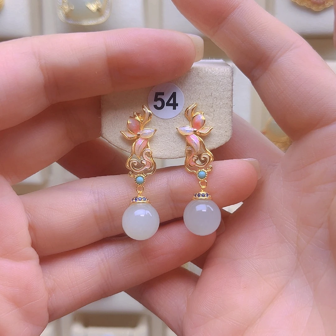 和田玉银S925镀金镶嵌耳饰