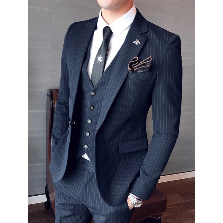 西服套装男三件套修身外套条纹小西装职业正装新郎痞帅结婚礼服潮
