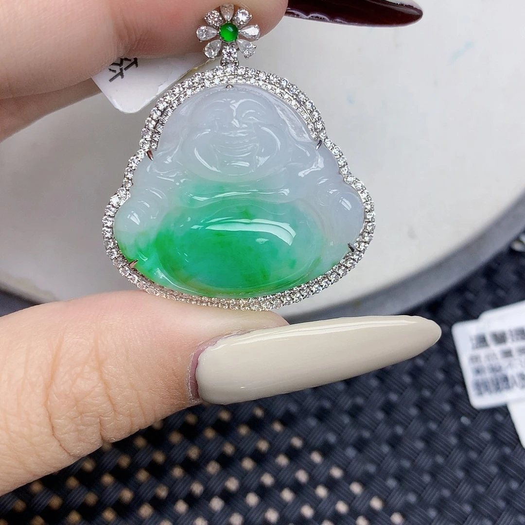 平***乐翡翠18K金镶嵌颈饰天然缅甸翡翠a货百元以上9元证书费自理