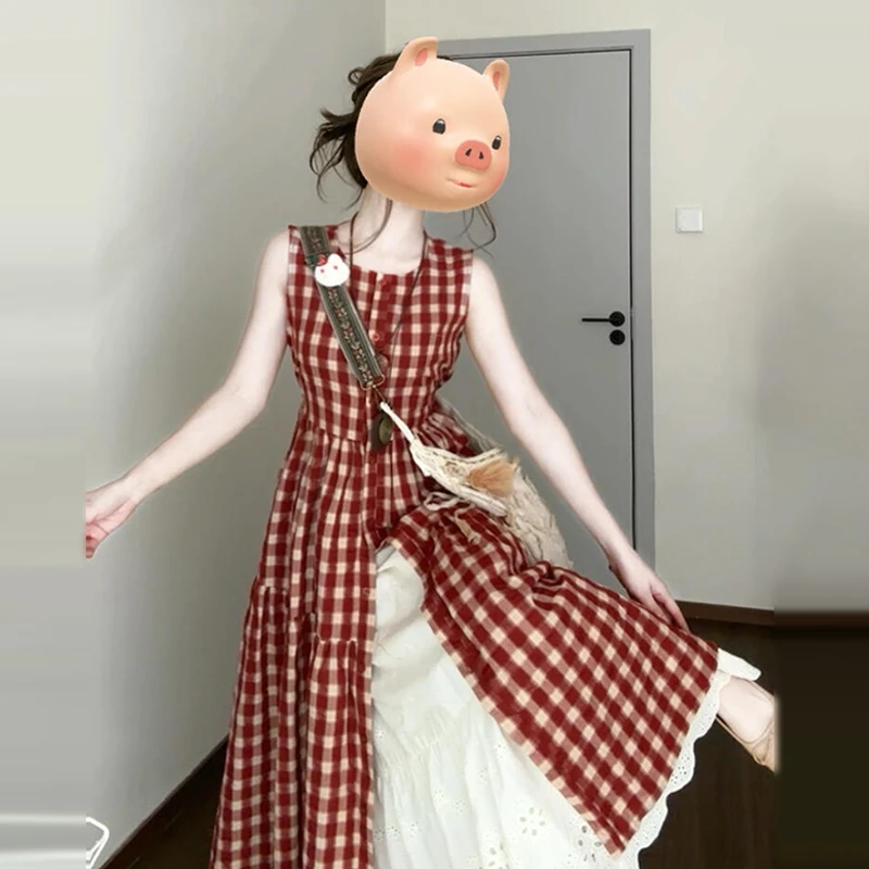 【现货+运补】初夏季穿搭长裙红色无袖背心衬衫格子连衣裙子女2033