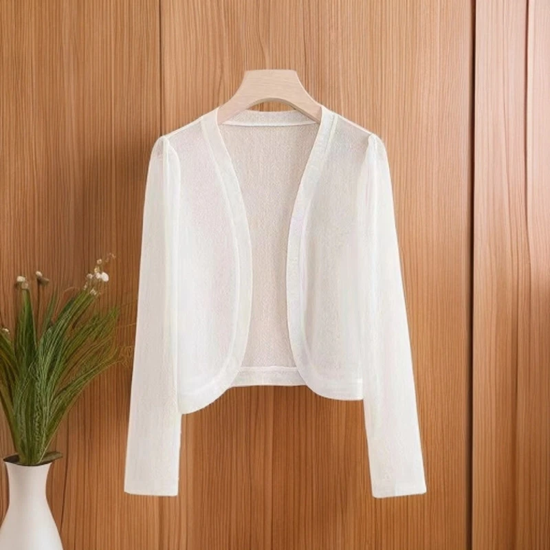 【轩希希宠粉】蕾丝长袖白色洋气短款百搭夏季薄款上衣外搭