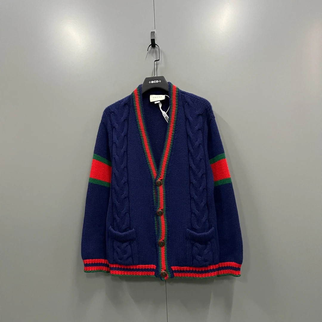 95新 GUCCI/古驰 zz1 红绿条纹描边针织开衫 S码/206120